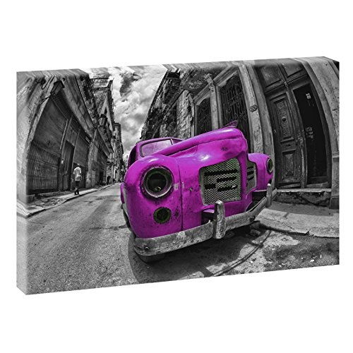 Kuba - Havanna | V1720516 |Bilder auf Leinwand | Wandbild im XXL Format | Kunstdruck in 120 cm x 80 cm (schwarz-weiß/pink) | Bild Karibik Insel Urlaub Oldtimer Auto