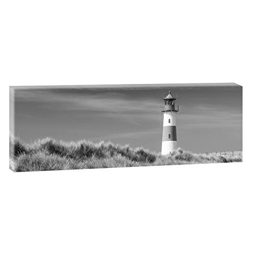 Sylt- Leuchtturm in den Dünen 2 | Panoramabild im XXL Format | Trendiger Kunstdruck auf Leinwand | Verschiedene Größen (150 cm x 50 cm, Schwarz-Weiß)