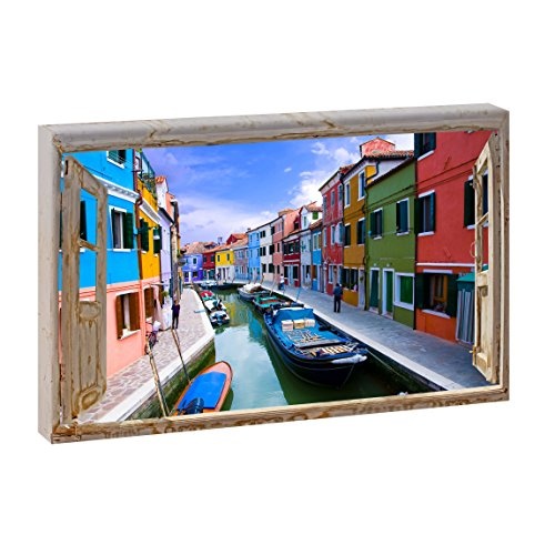 Fensterblick Burano Island Canal | Panoramabild im XXL Format | Poster | Wandbild | Fotografie | Trendiger Kunstdruck auf Leinwand (120 cm x 80 cm, Farbig)