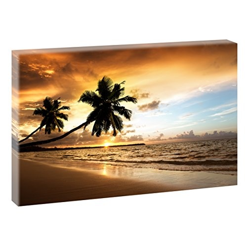 Karibischer Sonnenuntergang | V1720219 | Bilder auf Leinwand | Wandbild im XXL Format | Kunstdruck in 120 cm x 80 cm | Bild Palmen Meer Ozean Brandung Strand (Farbig)