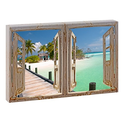 Doppelter Fensterblick Brücke am Strand | Panoramabild im XXL Format | Poster | Wandbild | Poster | Fotografie | Trendiger Kunstdruck auf Leinwand | (120 cm x 80 cm, Farbig)