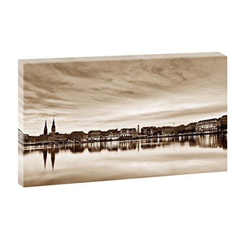 Hamburg Alster | Panoramabild im XXL Format | Poster | Wandbild | Poster | Fotografie | Trendiger Kunstdruck auf Leinwand | Verschiedene Farben und Größen (135 cm x 80 cm, Sepia)