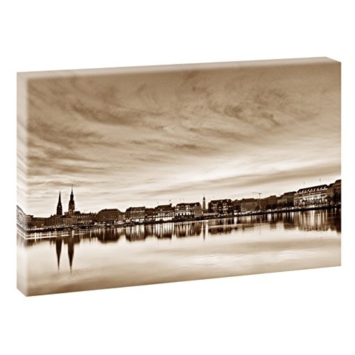 Hamburg Alster | Panoramabild im XXL Format | Poster | Wandbild | Poster | Fotografie | Trendiger Kunstdruck auf Leinwand | Verschiedene Farben und Größen (120 cm x 80 cm, Sepia)