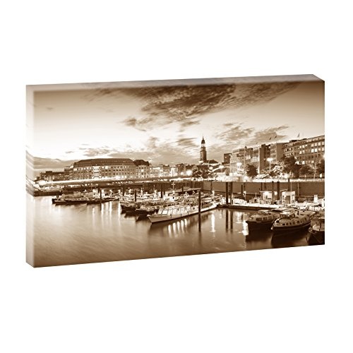 Hamburg Hafen | Panoramabild im XXL Format | Poster | Wandbild | Poster | Fotografie | Trendiger Kunstdruck auf Leinwand | Verschiedene Farben und Größen (135 cm x 80 cm, Sepia)