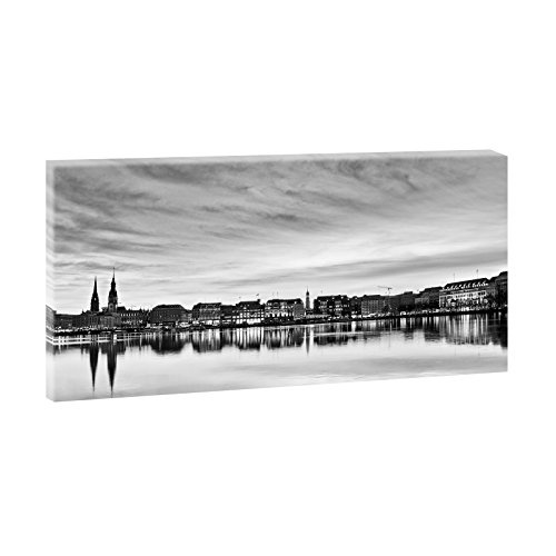 Hamburg Alster | Panoramabild im XXL Format | Poster | Wandbild | Poster | Fotografie | Trendiger Kunstdruck auf Leinwand | Verschiedene Farben und Größen (160 cm x 80 cm x 2 cm, Schwarz-Weiß)