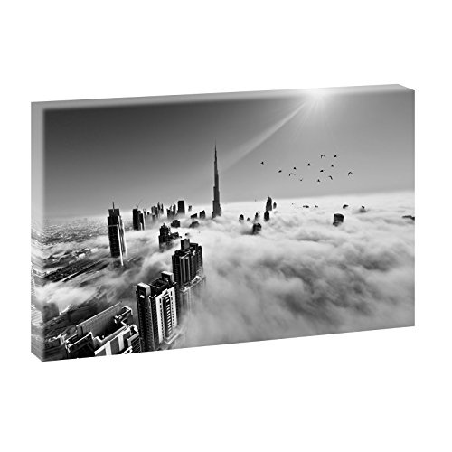 Dubai Skyline im Nebel | Panoramabild im XXL Format | Kunstdruck auf Leinwand | Wandbild | Poster | Fotografie | Verschiedene Formate und Farben (100 cm x 65 cm , Schwarz-Weiß)