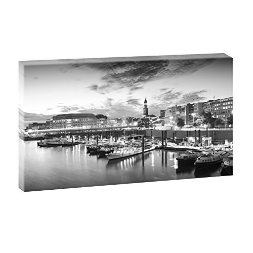 Hamburg Hafen | Panoramabild im XXL Format | Poster | Wandbild | Poster | Fotografie | Trendiger Kunstdruck auf Leinwand | Verschiedene Farben und Größen (135 cm x 80 cm, Schwarz-Weiß)