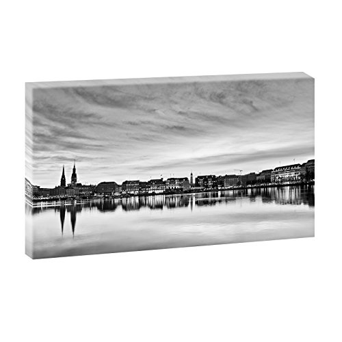 Hamburg Alster | Panoramabild im XXL Format | Poster | Wandbild | Poster | Fotografie | Trendiger Kunstdruck auf Leinwand | Verschiedene Farben und Größen (135 cm x 80 cm, Schwarz-Weiß)