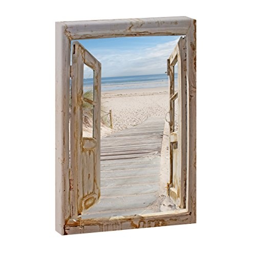 Fensterblick - Weg zum Strand 3 | Panoramabild im XXL Format | Trendiger Kunstdruck auf Leinwand | Hochformat oder Querformat (100 cm x 65 cm / Hochformat)