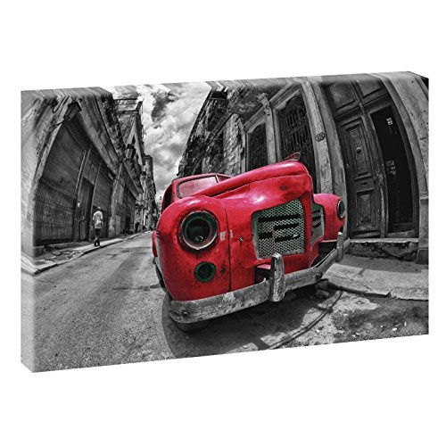 Kuba - Havanna | V1720516 | Bilder auf Leinwand | Wandbild im XXL Format | Kunstdruck in 120 cm x 80 cm (schwarz-weiß/rot) | Bild Karibik Insel Urlaub Oldtimer Auto