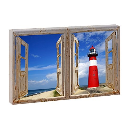 Doppelter Fensterblick Leuchtturm in Holland | Bilder auf Leinwand | Wandbild im XXL Format | Bild Strand Meer Wellen Brandung Sand (100 cm x 65 cm, Farbig)