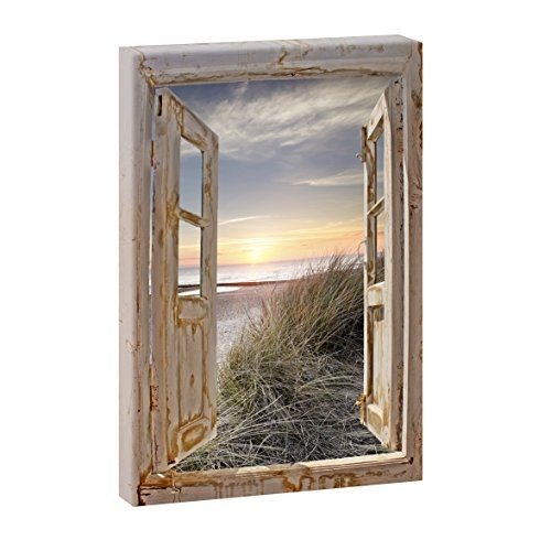 Fensterblick Sonnenuntergang an der Nordsee | Vxx20500 | Panoramabild im XXL Format | Trendiger Kunstdruck auf Leinwand | (100 cm x 65 cm | Hochformat, Farbig)