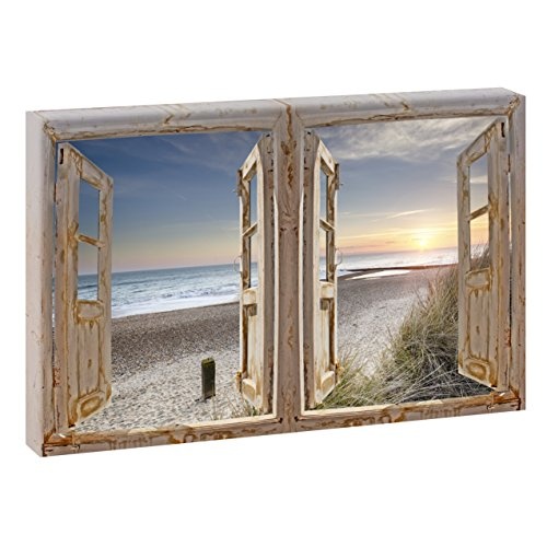 Doppelter Fensterblick Sonnenuntergang an der Nordsee | Panoramabild im XXL Format | Trendiger Kunstdruck auf Leinwand | Poster | Urlaubsbild (120 cm x 80 cm, Farbig)