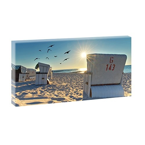 Strandkörbe am Strand | Panoramabild im XXL Format | Poster | Wandbild | Fotografie | Trendiger Kunstdruck auf Leinwand | Verschiedene Farben und Größen (40 cm x 80 cm, Farbig)