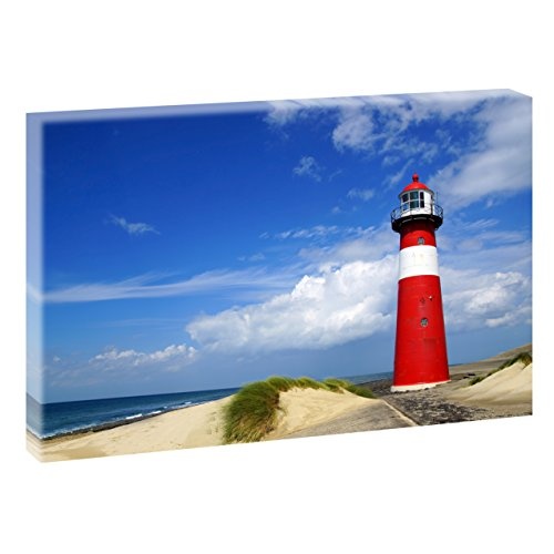 Leuchtturm in Holland | V1720311 | Bilder auf Leinwand | Wandbild im XXL Format | Kunstdruck in 120 cm x 80 cm | Bild Strand Meer Wellen Brandung Sand (Farbig)