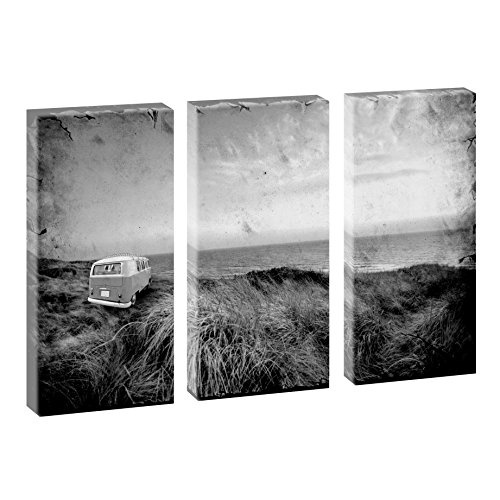 VW Bulli - Retro Strandcamper | Panoramabild im XXL Format | Trendiger Kunstdruck auf Leinwand | 3 Teiler je 40 cm x 80 cm (Schwarz-Weiß, 130 cm x 80 cm)