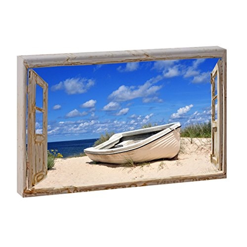Fensterblick Boot am Strand | Panoramabild im XXL Format | Kunstdruck auf Leinwand | Wandbild | Poster | Fotografie (120 cm x 80 cm | Querformat, Farbig)