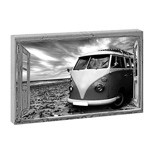 Fensterblick | Strand mit Retro Bulli | Bild Panoramabild im XXL Format | Poster | Wandbild | Poster | Fotografie | Trendiger Kunstdruck auf Leinwand | Verschiedene Farben und Größen (Schwarz-Weiß, 120 cm x 80 cm | Querformat)