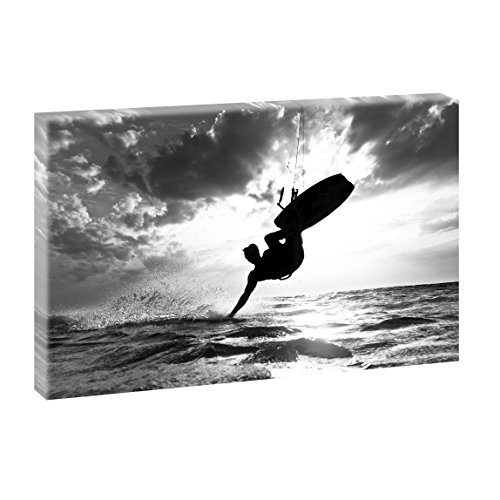 Kite Surfer | Panoramabild im XXL Format | Poster | Wandbild | Fotografie | Trendiger Kunstdruck auf Leinwand | Verschiedene Farben und Größen (100 cm x 65 cm, Schwarz-Weiß)