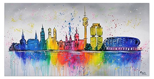 KunstLoft® Acryl Gemälde Dahoam in Bayern 140x70cm | original handgemalte Leinwand Bilder XXL | München Stadt Skyline Bunt | Wandbild Acrylbild moderne Kunst einteilig mit Rahmen