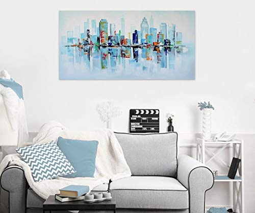 KunstLoft® Acryl Gemälde Modern City of Atlantis 140x70cm | original handgemalte Leinwand Bilder XXL | Stadt Häuser Bunt Türkis | Wandbild Acrylbild Moderne Kunst einteilig mit Rahmen