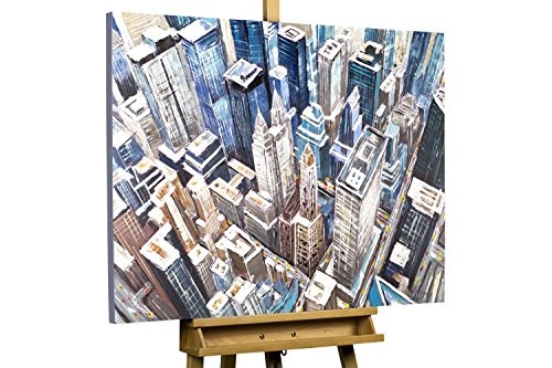 KunstLoft® Acryl Gemälde Metropole der Meister 100x75cm | original handgemalte Leinwand Bilder XXL | Stadt Hochhaus Skyline Metropole Blau | Wandbild Acrylbild Moderne Kunst einteilig mit Rahmen