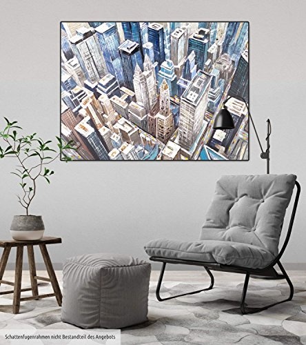 KunstLoft® Acryl Gemälde Metropole der Meister 100x75cm | original handgemalte Leinwand Bilder XXL | Stadt Hochhaus Skyline Metropole Blau | Wandbild Acrylbild Moderne Kunst einteilig mit Rahmen