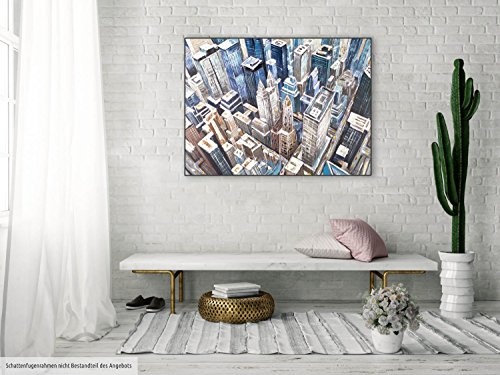 KunstLoft® Acryl Gemälde Metropole der Meister 100x75cm | original handgemalte Leinwand Bilder XXL | Stadt Hochhaus Skyline Metropole Blau | Wandbild Acrylbild Moderne Kunst einteilig mit Rahmen