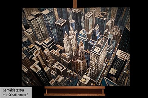KunstLoft® Acryl Gemälde Metropole der Meister 100x75cm | original handgemalte Leinwand Bilder XXL | Stadt Hochhaus Skyline Metropole Blau | Wandbild Acrylbild Moderne Kunst einteilig mit Rahmen