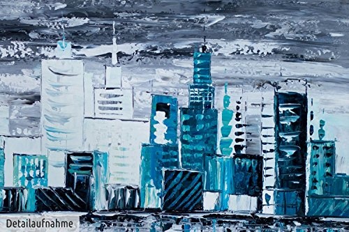 KunstLoft XXL Gemälde Großstadtspiegel 160x80cm | Original handgemalte Bilder | Skyline Grau Türkis Stadt | Leinwand-Bild Ölfarbegemälde Einteilig groß | Modernes Kunst Ölfarbebild