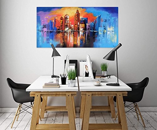 KunstLoft® Acryl Gemälde Nuit blanche 140x70cm | original handgemalte Leinwand Bilder XXL | Sonne Stadt Skyline Bunt | Wandbild Acrylbild moderne Kunst einteilig mit Rahmen