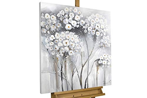 KunstLoft® Gemälde Weiße Unschuld in 80x80cm | XXL Leinwandbild handgemalt | Weiße Blumen auf Grau | signiertes Wandbild-Unikat | Acrylgemälde auf Leinwand | Modernes Kunstbild | Sehr großes Acrylbild auf Keilrahmen