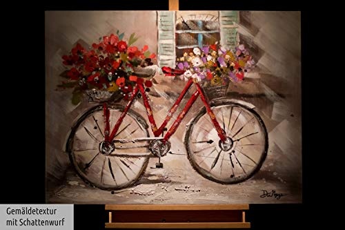 KunstLoft® Acryl Gemälde La belle Vie 100x75cm | original handgemalte Leinwand Bilder XXL | Fahrrad Blumen Korb Rot | Wandbild Acryl bild moderne Kunst einteilig mit Rahmen