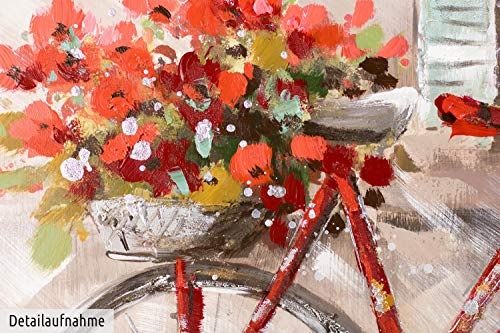 KunstLoft® Acryl Gemälde La belle Vie 100x75cm | original handgemalte Leinwand Bilder XXL | Fahrrad Blumen Korb Rot | Wandbild Acryl bild moderne Kunst einteilig mit Rahmen