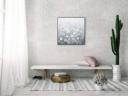KunstLoft® Acryl Gemälde Flowery Meadow 60x60cm | original handgemalte Leinwand Bilder XXL | Blumen Wiese Weiß Grau | Wandbild Acrylbild Moderne Kunst einteilig mit Rahmen
