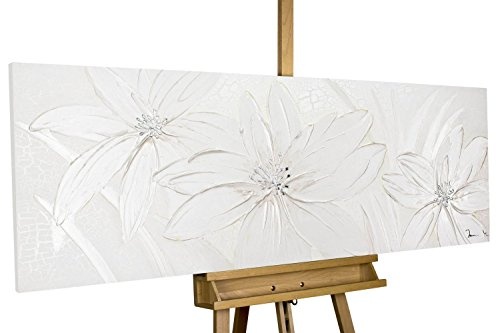 KunstLoft Acryl-Gemälde 'Frozen Flowers' 150x50cm | original handgemalte Leinwand Bilder XXL | Abstrakt Muster Weiß Blumen | Wandbild Acrylbild moderne Kunst einteilig mit Rahmen