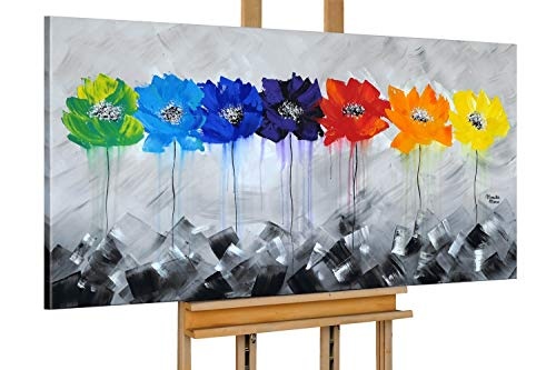 KunstLoft® Acryl Gemälde Frühlingsboten 140x70cm | original handgemalte Leinwand Bilder XXL | Blumen Blüten Bunt Grau | Wandbild Acrylbild Moderne Kunst einteilig mit Rahmen