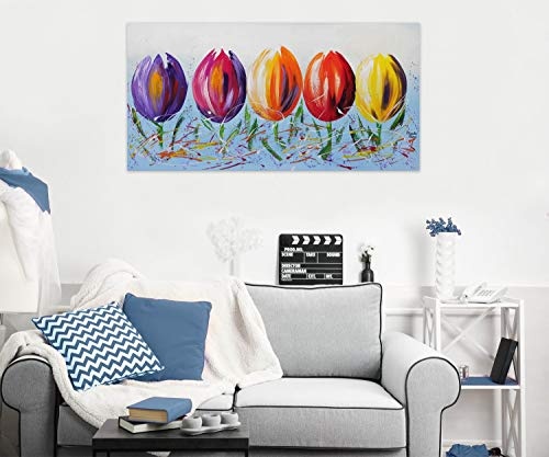 KunstLoft® Acryl Gemälde Blumen Quintett 140x70cm | original handgemalte Leinwand Bilder XXL | Blumen Tulpen Bunt Blau | Wandbild Acrylbild Moderne Kunst einteilig mit Rahmen
