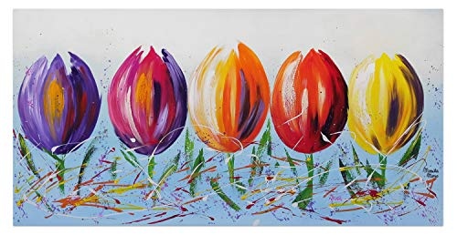 KunstLoft® Acryl Gemälde Blumen Quintett 140x70cm | original handgemalte Leinwand Bilder XXL | Blumen Tulpen Bunt Blau | Wandbild Acrylbild Moderne Kunst einteilig mit Rahmen
