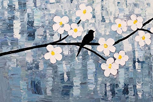 KunstLoft® XXL Gemälde Vogelgezwitscher 180x120cm | original handgemalte Bilder | Vögel Blumen Blau Weiß | Leinwand-Bild Ölgemälde einteilig groß | Modernes Kunst Ölbild