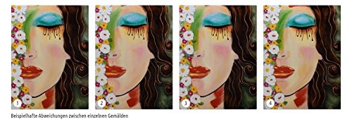 KunstLoft® Acryl Gemälde Goldene Tränen 75x100cm | original handgemalte Leinwand Bilder XXL | Frau Gesicht Bunt Blumen | Wandbild Acrylbild Moderne Kunst einteilig mit Rahmen