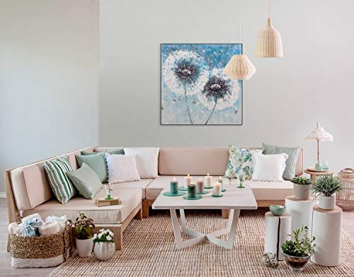 KunstLoft® Acryl Gemälde Pompon Flowers 80x80cm | original handgemalte Leinwand Bilder XXL | Modern Pusteblume Weiß Blau | Wandbild Acrylbild Moderne Kunst einteilig mit Rahmen