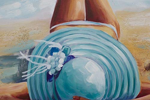 KunstLoft® Acryl Gemälde Beach Beauty 60x90cm | original handgemalte Leinwand Bilder XXL | Modern Frau Hut Strand Beige Blau | Wandbild Acrylbild Moderne Kunst einteilig mit Rahmen