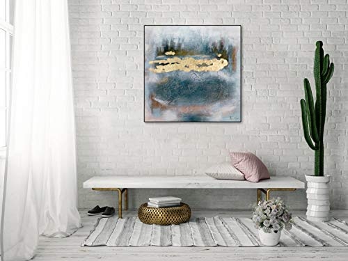 KunstLoft® Acryl Gemälde Das Tiefe Gold 80x80cm | original handgemalte Leinwand Bilder XXL | Abstrakt Risse Gold Blau | Wandbild Acrylbild Moderne Kunst einteilig mit Rahmen