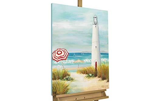 KunstLoft® Acryl Gemälde Maritime Brise 60x80cm | original handgemalte Leinwand Bilder XXL | Strand Leuchtturm Rot Blau | Wandbild Acrylbild Moderne Kunst einteilig mit Rahmen