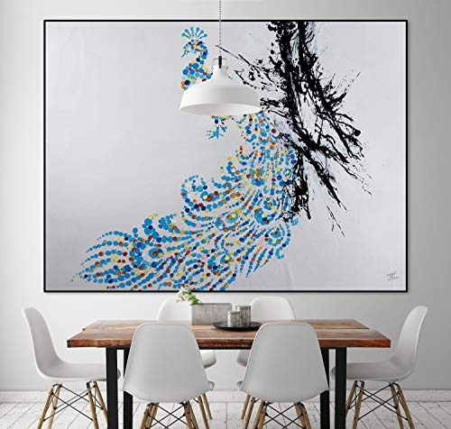KunstLoft® XXL Gemälde Schaulauf der Pfauen 200x150cm | original handgemalte Bilder | Pfau Tupfen Blau Weiß | Leinwand-Bild Ölgemälde einteilig groß | Modernes Kunst Ölbild