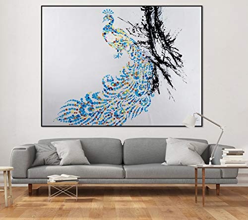KunstLoft® XXL Gemälde Schaulauf der Pfauen 200x150cm | original handgemalte Bilder | Pfau Tupfen Blau Weiß | Leinwand-Bild Ölgemälde einteilig groß | Modernes Kunst Ölbild