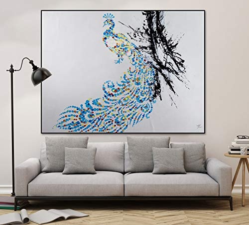 KunstLoft® XXL Gemälde Schaulauf der Pfauen 200x150cm | original handgemalte Bilder | Pfau Tupfen Blau Weiß | Leinwand-Bild Ölgemälde einteilig groß | Modernes Kunst Ölbild