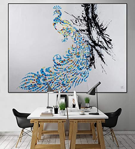 KunstLoft® XXL Gemälde Schaulauf der Pfauen 200x150cm | original handgemalte Bilder | Pfau Tupfen Blau Weiß | Leinwand-Bild Ölgemälde einteilig groß | Modernes Kunst Ölbild