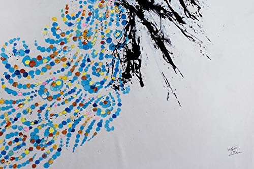 KunstLoft® XXL Gemälde Schaulauf der Pfauen 200x150cm | original handgemalte Bilder | Pfau Tupfen Blau Weiß | Leinwand-Bild Ölgemälde einteilig groß | Modernes Kunst Ölbild